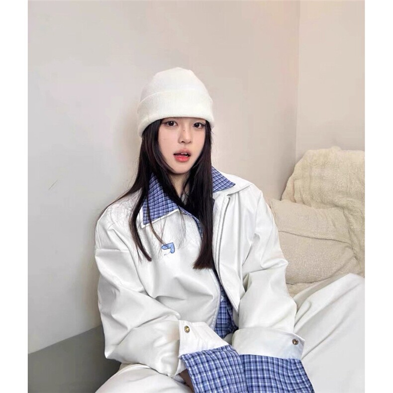 美式复古假两件格子拼接皮衣夹克男女2025春秋冬新款宽松休闲外套,男装皮衣,四季星座505