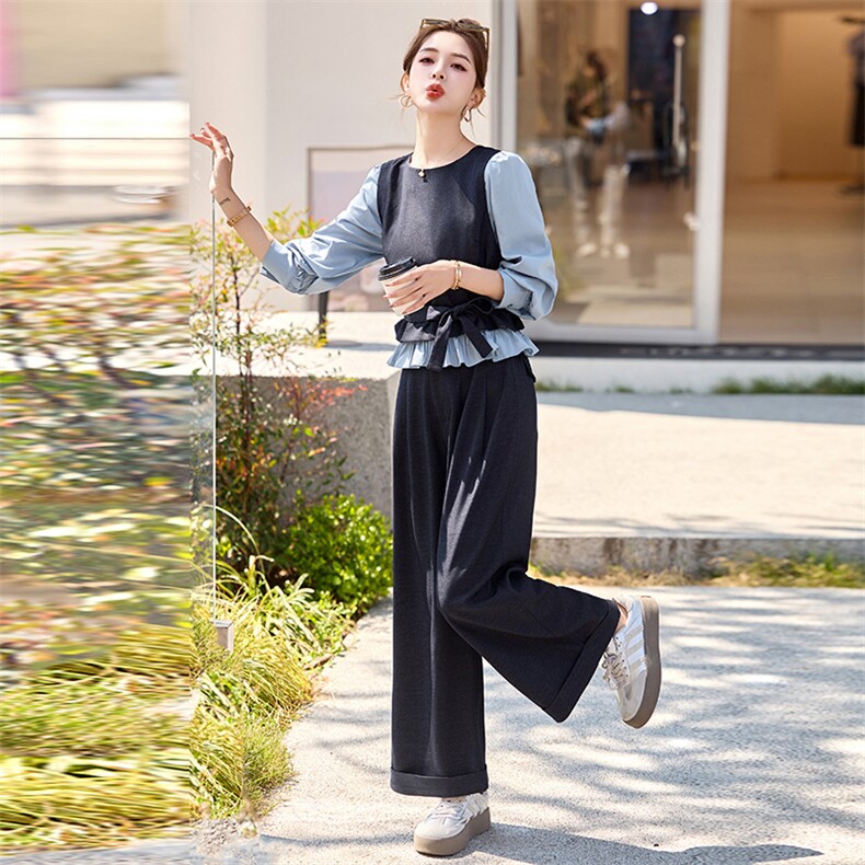 时尚气质撞色拼接假两件上衣半身裙两件套女早春新款盐系轻熟套装,商品下架区,然然