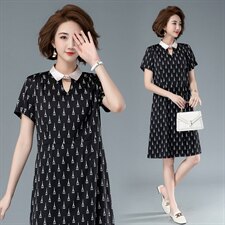 宽松腰POLO领套头A字裙短袖红色中长款连衣裙，女装连衣裙，余墨