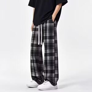美式复古抽绳设计感格子裤子男女新款直筒运动宽松阔腿休闲长裤图片
