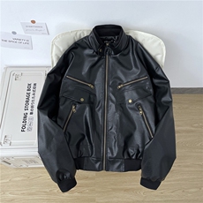 美式复古肌理设计感PU皮衣夹克boxy多口袋廓形机车服外套潮，男装夹克，星座506A