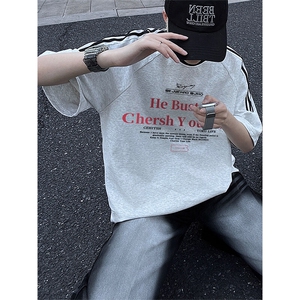 夏季美式高街重磅纯棉三条杠织带撞色男女短袖T恤ZD602-特P30图片