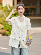 设计感镂空短袖西装外套女2025春夏新款时尚百搭V领蕾丝气质上衣，女装西装，妙形