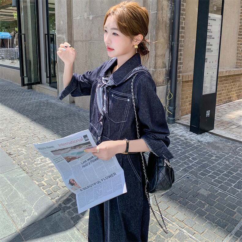 2026春装时尚牛仔阔腿裤两件套套装女配丝巾新款高端欧货洋气时髦,女装套装/套裙,印象茜