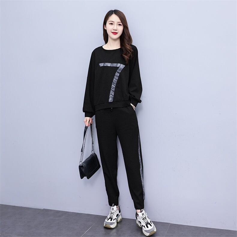 现货2023年秋季新款百搭简约圆领套装两件套,女装套装/套裙,深水步