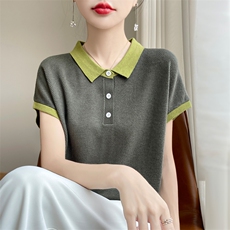 鄂尔多斯市翻领桑蚕丝短袖Tt恤女夏季新款时尚百搭纯色冰丝针织衫，女装T恤，源达羊绒