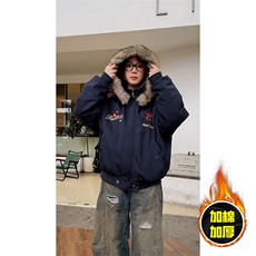 现货高品质美式高街重磅刺绣座山雕大毛毛领棉衣男女加厚棉服外套，男装棉衣，电商A486