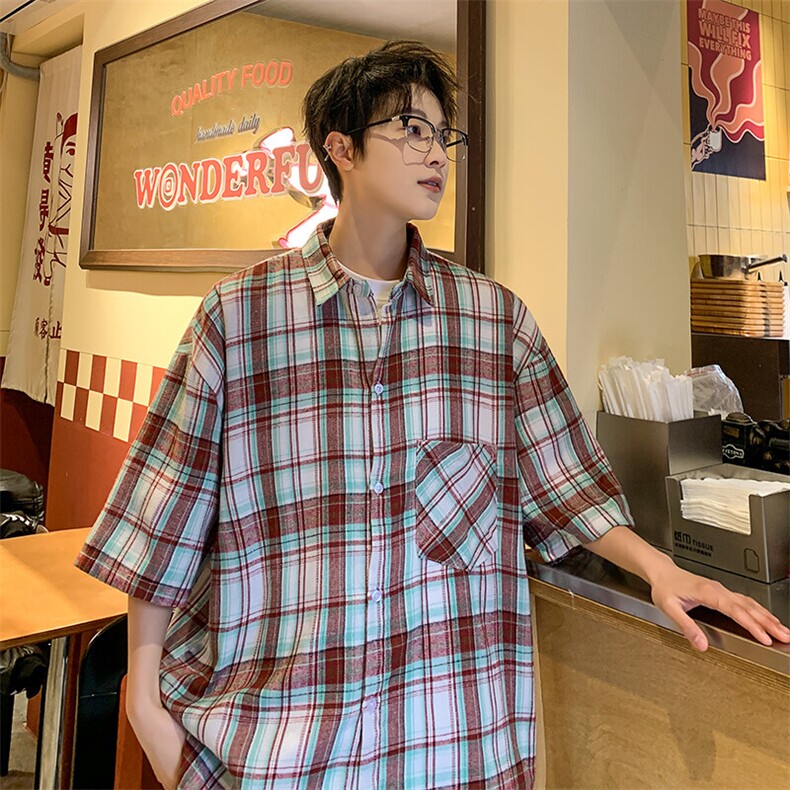 短袖衬衫男夏季新款磨毛格子衬衣DX002-特批26无差价,男装衬衫,星座214-3
