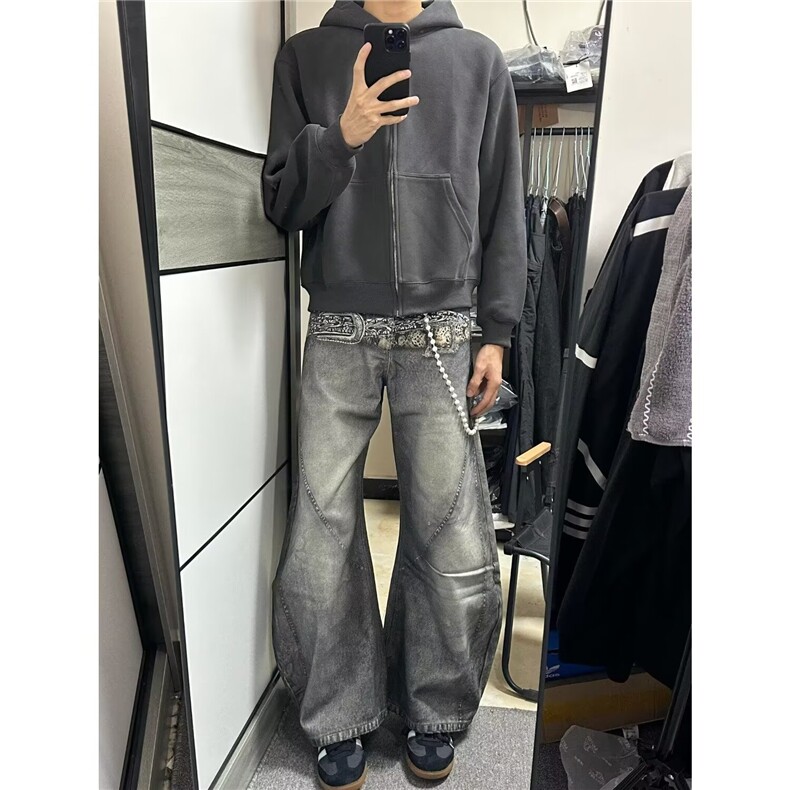 美式重工腰带印花牛仔裤男女秋季高街痞帅宽松廓形设计感弯刀裤子,男装牛仔裤,四季星座505