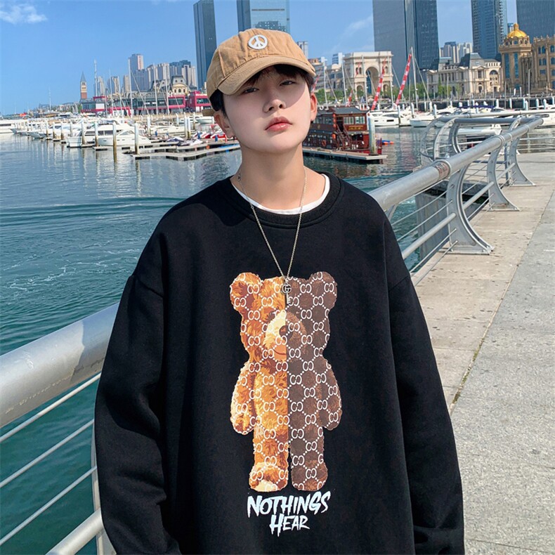 9986P28港风外景2024秋季新款圆领套头卫衣卡通双色小熊印花,男装卫衣,电商A026-1
