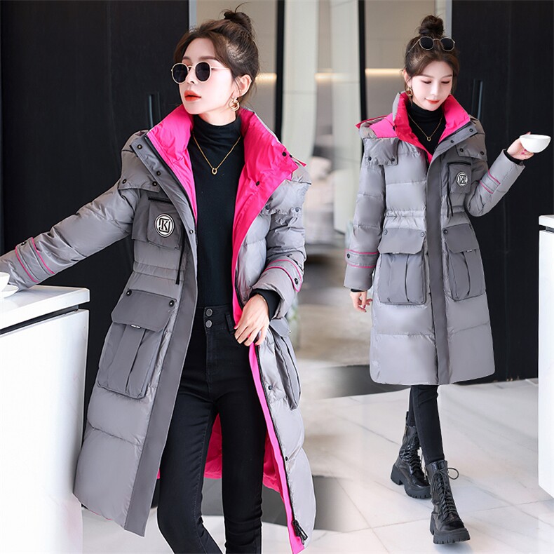 现货2023年冬季新款90白鸭绒羽绒服中长款拼接时尚撞色保暖外套，女装羽绒服，时尚俏佳人