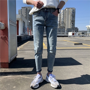 B230档 复古浅蓝色修身小脚弹力铅笔裤男牛仔裤P85图片