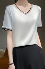 真丝短袖t恤女桑蚕丝上衣夏季白色V领25新款醋酸缎面半袖打底衫女，女装T恤，羊特美羊绒