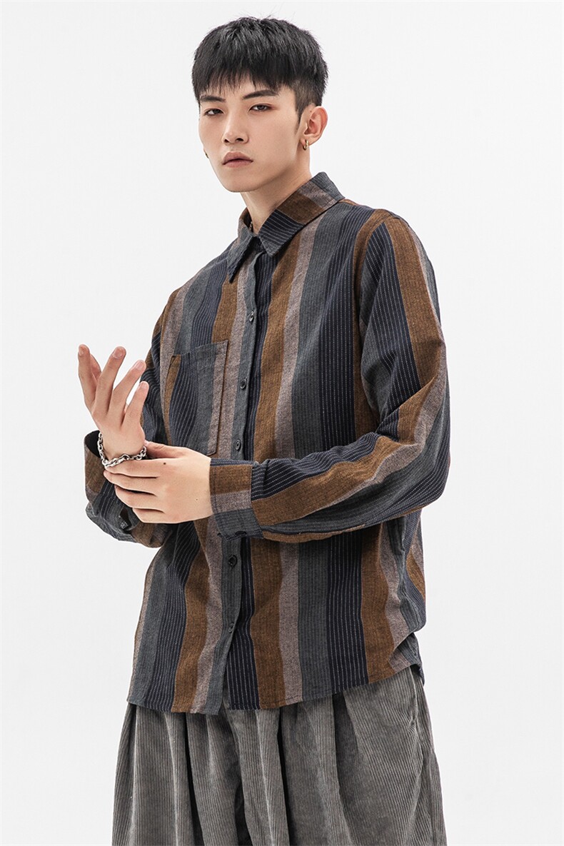 20秋冬大码中国风日系港风文艺中性衬衫上衣外套亚麻条纹C41/P65,男装衬衫,钱塘713