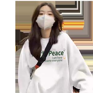 白色宽松圆领卫衣女春秋新款慵懒风舒适秋冬情侣字母印花外套图片