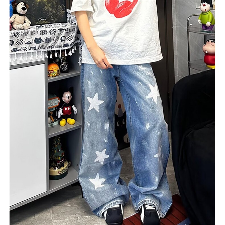美式vibe复古百搭星星牛仔裤子宽松直筒阔腿拖地裤K71226-P49网图,男装牛仔裤,电商B245