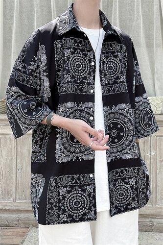 2023夏装男印花冰丝短袖衬衫青少年潮流宽松碎花衬衣A071-C16-P35，男装衬衫，电商A071