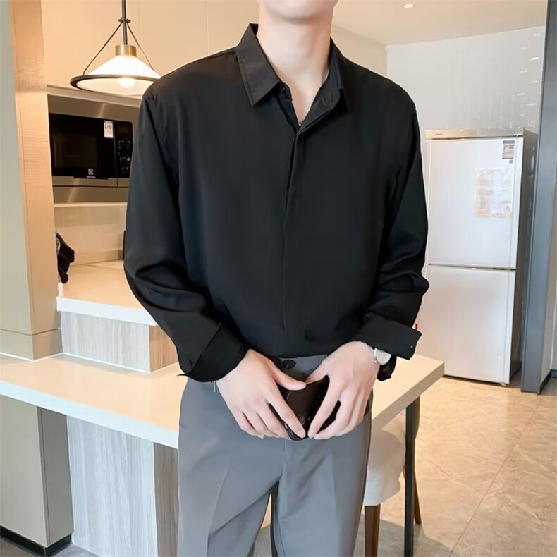 轻熟风韩版宽松纯色长袖衬衫 男士春秋季潮流垂感免烫衬衣 CS07图片