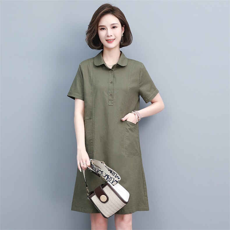 棉麻连衣裙女夏季2024新款中年妈妈宽松遮肚显瘦小个子亚麻衬衫裙,商品下架区,韩派