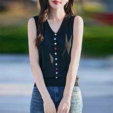 2025夏设计感彩扣冰丝针织吊带背心女内搭外穿V领无袖坎肩上衣T恤，女装针织衫/毛衣，思牵羊绒