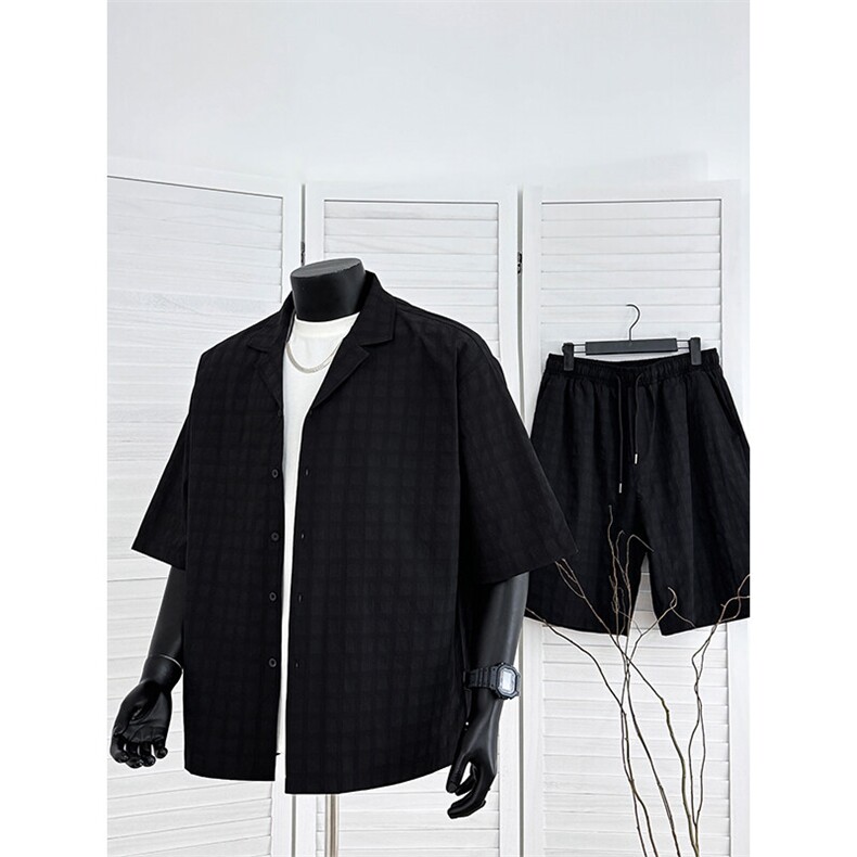 TZ52932/P65西服领短袖衬衣裤子套装男潮夏季肌理感西装领两件套,男装西服,电商A141