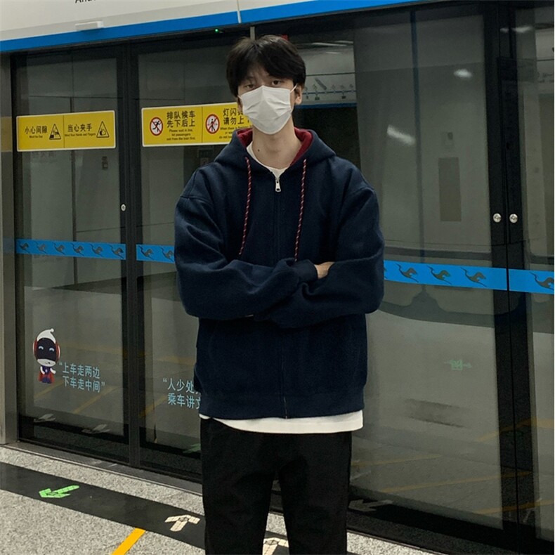 抖音得物二开美式高街重磅结构双层撞色连帽卫衣开衫外套W116,女装短外套,电商A486-1