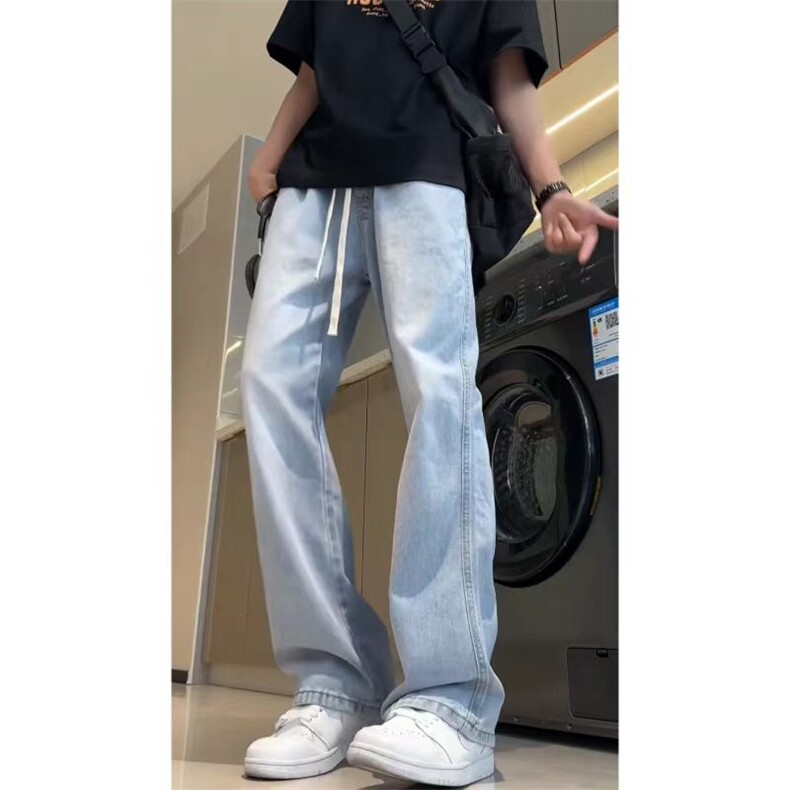 美式高街微喇叭牛仔裤宽松复古水洗百搭松紧腰橡筋裤KJ22501 P50图片