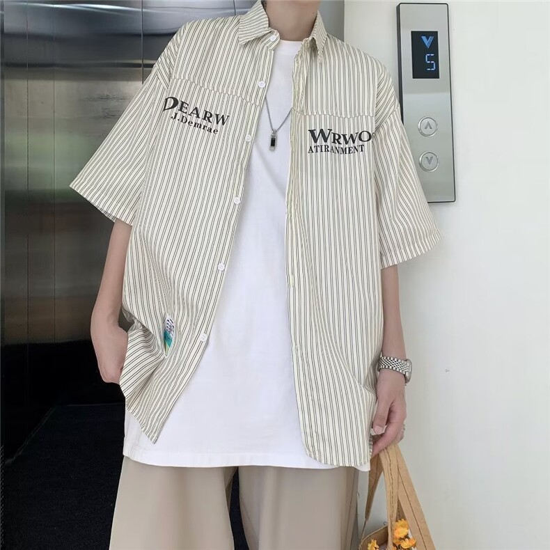 条纹短袖衬衫男夏季潮牌高级感痞帅衬衣外套宽松大码五分袖上衣服,男装衬衫,星座1013