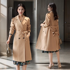 双排扣中长款风衣2024秋季通勤西装领常规长袖修身涤纶白色HZ0344，女装风衣，沫晗依美