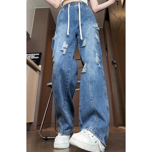 K2180～批55控78 有货（自家图）夏季松紧抽绳破洞情侣牛仔裤子图片