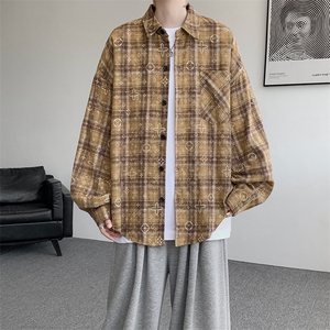 衬衫男秋季新款港风宽松大码磨毛格子扎染长袖衬衣CS506-P35图片