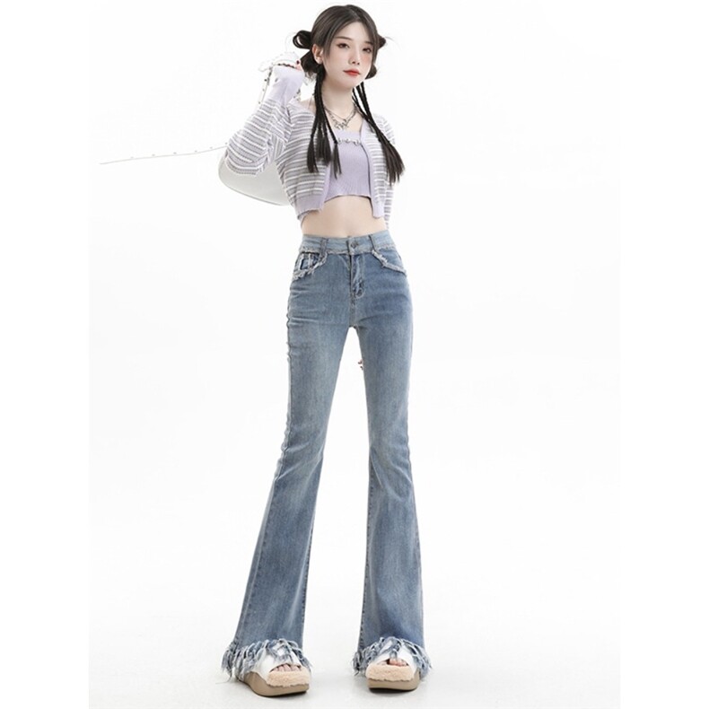 高腰微喇叭牛仔裤女2025年夏季新款美式复古设计感毛边弹力喇叭裤图片