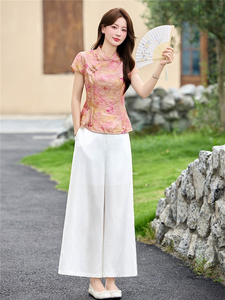 新中式套装女夏韩系绝美高级感粉色印花短袖衬衫阔腿裤两件套,女装套装/套裙,丽影随形