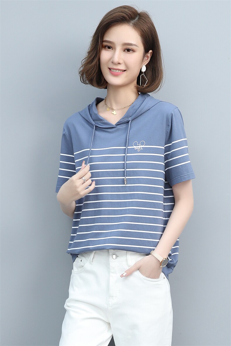 2023夏季新款简约时尚气质圆领休闲舒适连帽T恤,女装T恤,玛其路