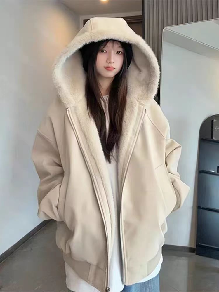 现货(网图)连帽座山雕荔枝纹皮拼兔毛美式情侣外套313B-PM01-P85,女装短外套,星座313B