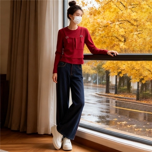 韩版时尚休闲套装女春款圆领撞色拼接假两件上衣抽绳阔腿裤两件套图片
