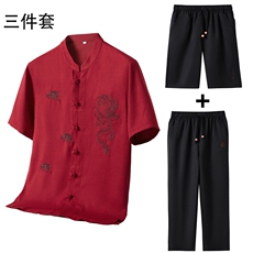风短袖衬衫唐装长裤三件套男士夏中老年中式汉服MJ5101C-P115，男装衬衫，星座1105-3