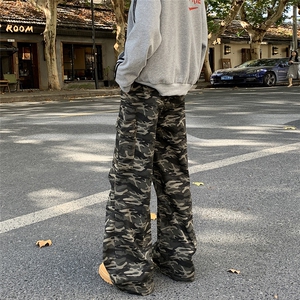 美式复古设计感迷彩工装裤多口袋宽松微喇直筒阔腿休闲裤图片
