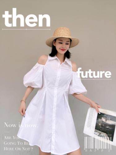 韩版漏肩泡泡袖连衣裙，女装连衣裙，玩美