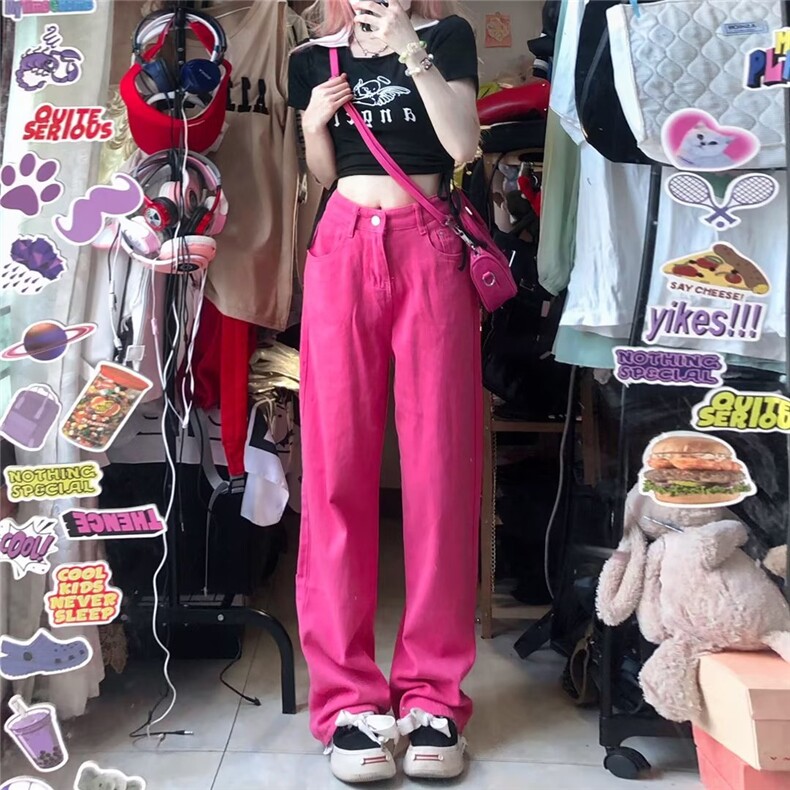 秋季新款韩版粉色直筒牛仔裤女高腰显瘦阔腿长裤阔腿裤子NT29-P42,男装牛仔裤,星座1008