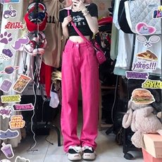 秋季新款韩版粉色直筒牛仔裤女高腰显瘦阔腿长裤阔腿裤子NT29-P42，男装牛仔裤，星座1008