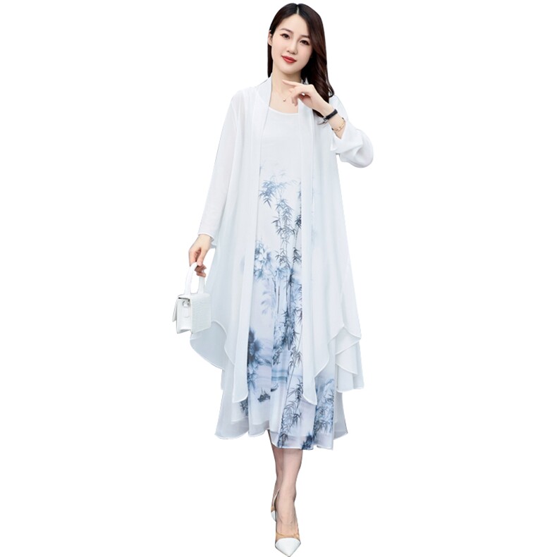 大码防晒衣女夏装新中长款雪纺披肩开衫外套时尚印花连衣裙两件套,女装套装/套裙,秀美人生