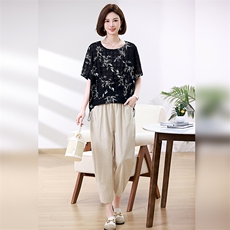 优雅印花宽松两件套女夏装新款时尚休闲裤套装，女装套装/套裙，叶笙衣
