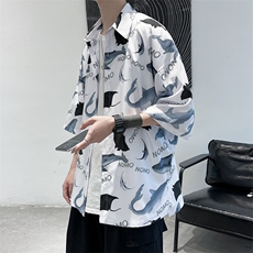 夏季鱼满印冰丝短袖衬衫宽松衬衣A071-C20-P35，男装衬衫，电商A071