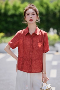 红色复古提花短袖衬衫女夏2025新款休闲气质妈妈洋气减龄小衫上衣图片