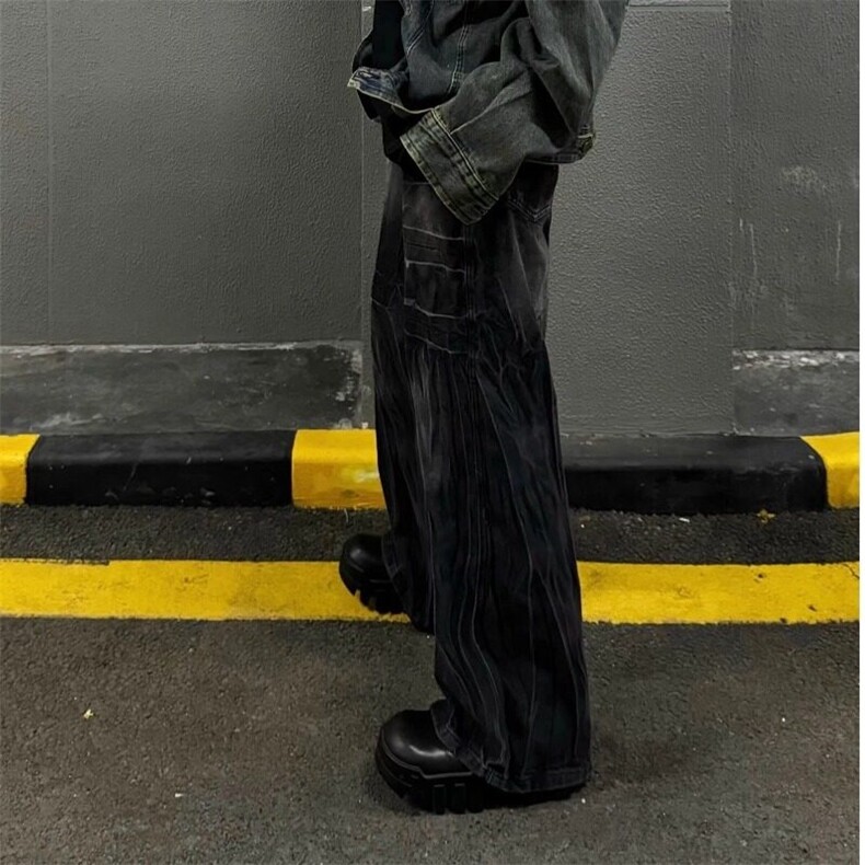 复古做旧阔腿宽松牛仔裤小众水洗设计感重磅休闲裤中高腰裤,男装休闲裤,星座506A