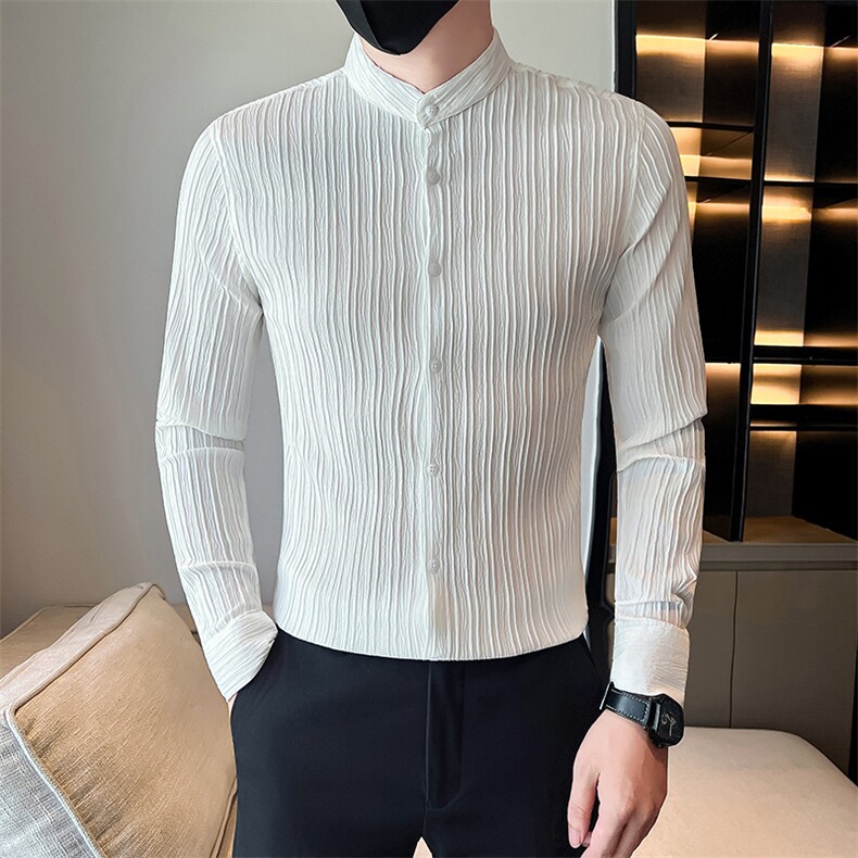 秋季社会小伙男士修身纯色立领店主风长袖衬衫 301A-1/C01/P55图片