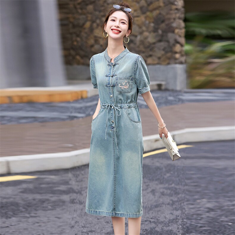 新中式G风牛仔连衣裙女2026夏季款时尚洋气薄款收腰显瘦短袖裙子,女装连衣裙,意芙