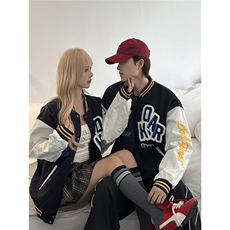 潮美式字母植绒刺绣棒球服男女加厚潮牌痞帅情侣装pu皮夹克外套，男装夹克，星座1210-1