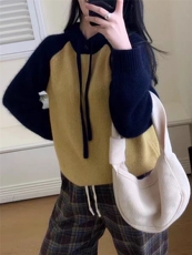 秋冬新款拼色连帽针织卫衣时尚百搭，女装针织衫/毛衣，冀清阳荣